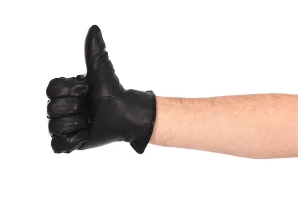 Man Wearing Black Leather Glove White Background Closeup Thumb Side — Stockfoto