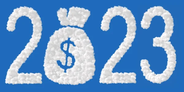 New Year2023. Clouds in shape of the letter 2023  isolated on blue. Zero in the form of a bag of money. High resolution photo.