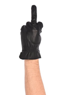 Man wearing black leather glove on white background, closeup. Middle finger up. (Fuck you) Side view. High resolution photo. Full depth of field.