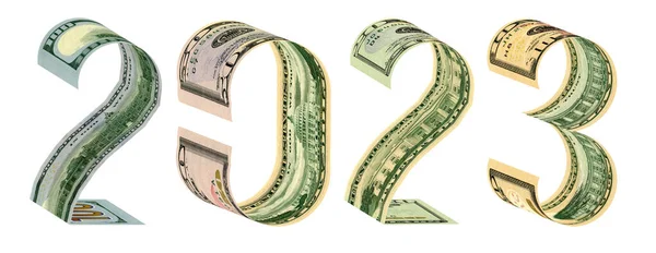Napis 2023 Wykonany 100 Dolarów Banknotów Renderowania Odizolowane Biało — Zdjęcie stockowe