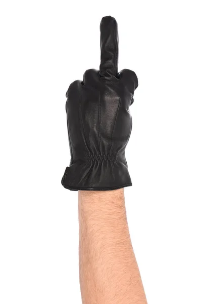 Man Wearing Black Leather Glove White Background Closeup Middle Finger — Stockfoto