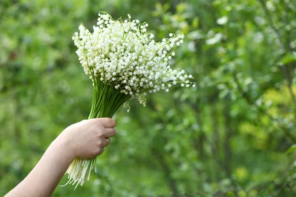 Bouquet of lilies of the valley in hand on a natural background. High resolution photo. Selective focus.