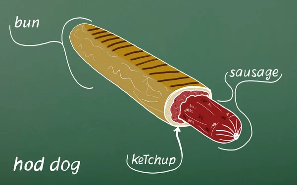 Nakreslený Francouzský Hot Dog Klobása Housce Kečupem Zeleném Pozadí Tabule — Stock fotografie