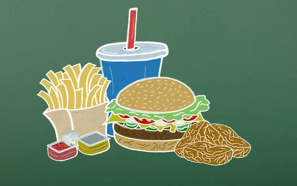 Drawn of delicious burger meal. Burger, potato fries, chicken nuggets, cola and sauce on green blackboard background