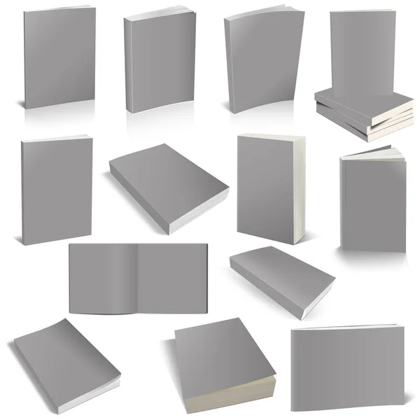 十三本平装书空白灰色模板 用于演示布局和设计 3D渲染 数字生成的图像 因白人背景而被隔离 — 图库照片