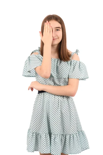 Young Beautiful Girl Blue Dress Polka Dots White Background Covering — Stock Photo, Image