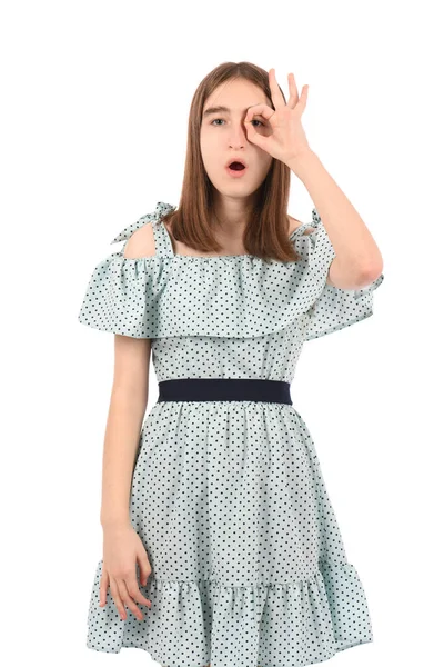 Young Beautiful Girl Blue Dress Polka Dots White Background Doing — Stock Photo, Image