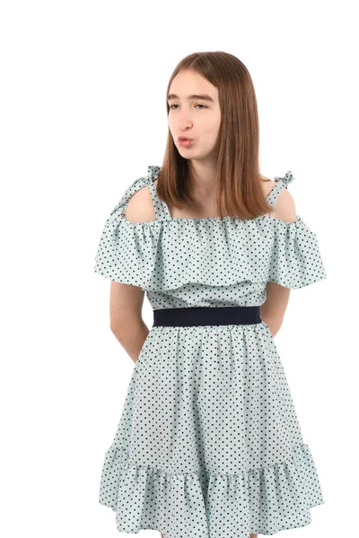 Menina Bonita Jovem Vestido Azul Com Bolinhas Fundo Branco Deprimido — Fotografia de Stock