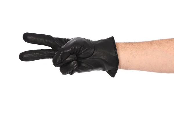 Mann Mit Schwarzem Lederhandschuh Auf Weißem Hintergrund Nahaufnahme Zwei Finger — Stockfoto