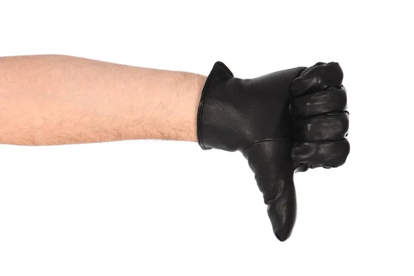 Mężczyzna Czarnej Skórzanej Rękawiczce Białym Tle Zbliżenie Kciuk Dół Widok — Zdjęcie stockowe