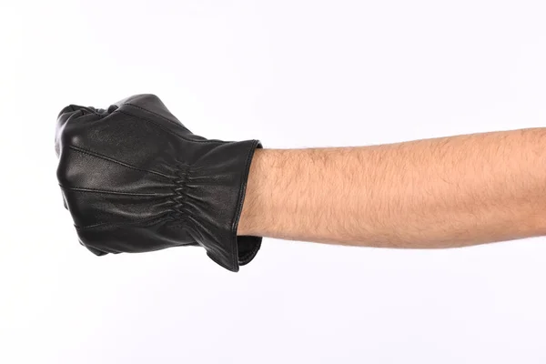 Man Wearing Black Leather Glove White Background Closeup Side View — 스톡 사진