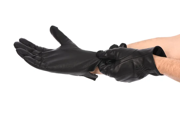 Man Wearing Black Leather Glove White Background Closeup Side View —  Fotos de Stock