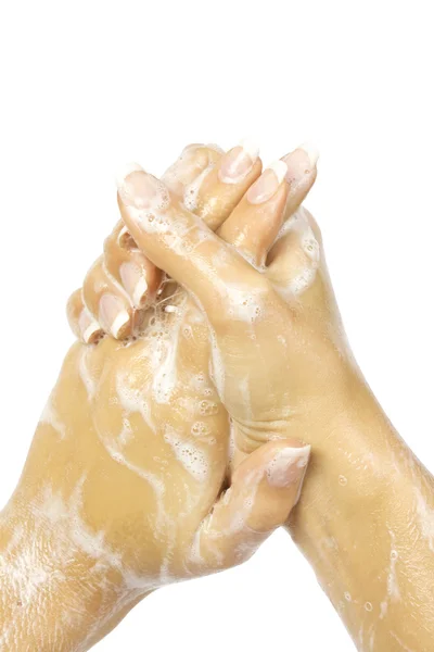 Kobiece ręce mydłem — Zdjęcie stockowe