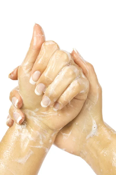 Tvål kvinnliga händer — Stockfoto