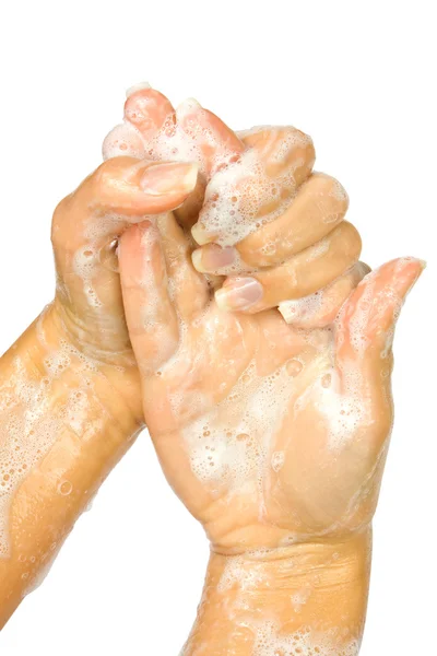 Tvål kvinnliga händer — Stockfoto