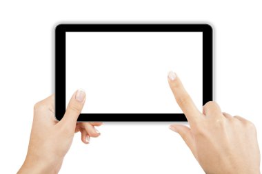 Tablet bilgisayarı beyaz arka planda bir elde izole edilmiş.