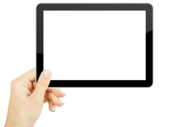 Tablet bilgisayarı beyaz arka planda bir elde izole edilmiş.