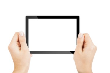 Tablet bilgisayarı beyaz arka planda bir elde izole edilmiş.