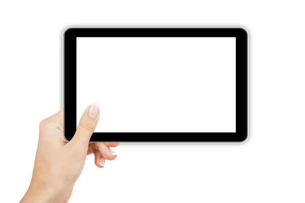 Tablet computer geïsoleerd in een hand op de witte achtergrond — Stockfoto