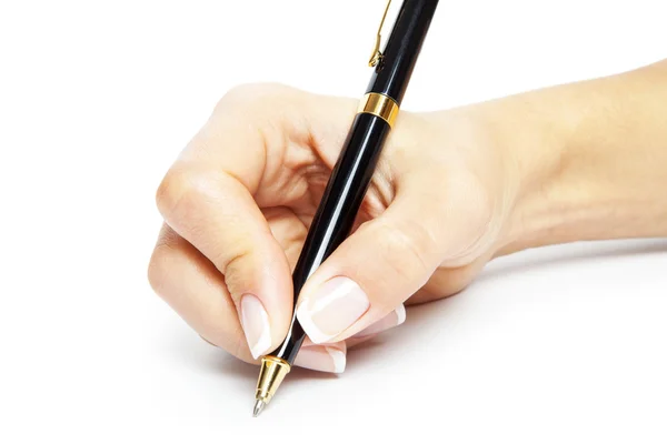 Un lápiz en una mano está aislado sobre un fondo blanco — Foto de Stock