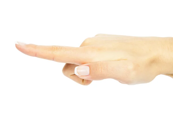 Woman's hand press button on white background — Stock Photo, Image