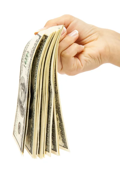 Muitos dólares caindo na mão da mulher com dinheiro — Fotografia de Stock