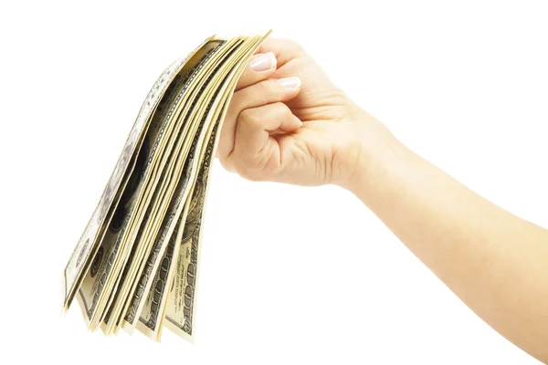 Vele dollars vallen op vrouw hand met geld — Stockfoto