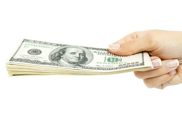 Many dollars falling on woman's hand with money — Stock Photo, Image