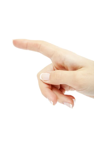 Botão de pressão da mão da mulher no fundo branco — Fotografia de Stock