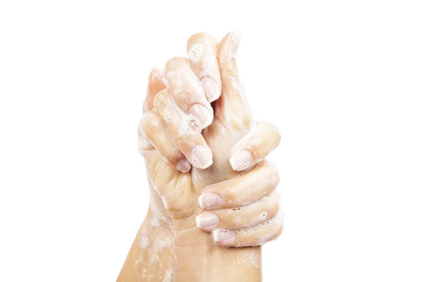 Mydło ręce kobiece kobieta na białym tle — Zdjęcie stockowe