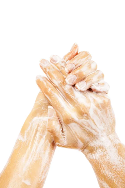 Seife weibliche Hände isoliert auf weißem Hintergrund — Stockfoto