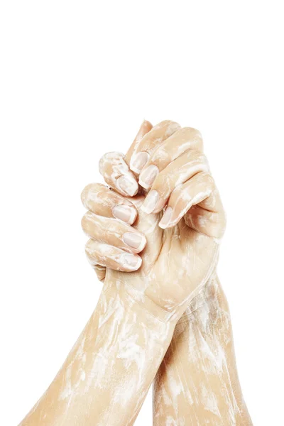 肥皂孤立在白色背景上的女性手 — 图库照片