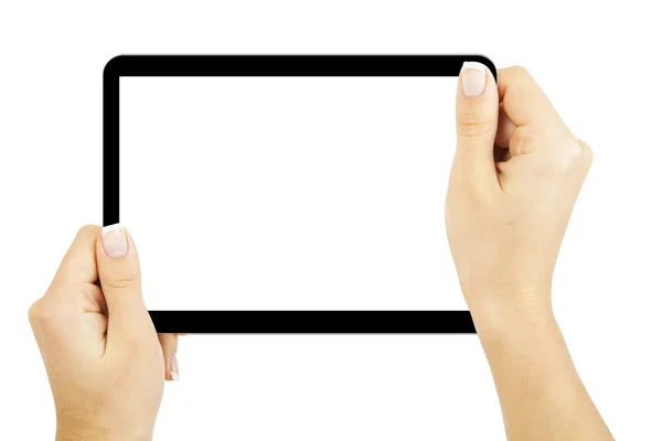 Планшетный компьютер изолирован в руке на белом фоне — стоковое фото