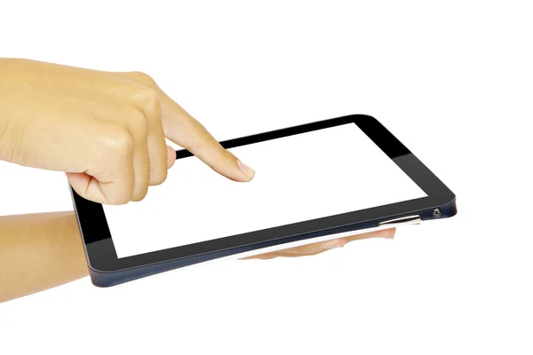 Tablett dator isolerad i en hand på den vita bakgrunden — Stockfoto