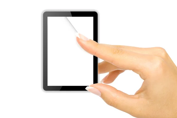 Tablet PC geïsoleerd in een hand op de witte achtergrond. lik — Stockfoto