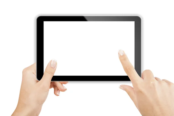 Tablet bilgisayarı beyaz arka planda bir elde izole edilmiş.