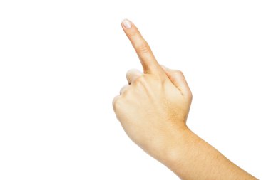 Kadının el düğmesine beyaz arka plan üzerinde