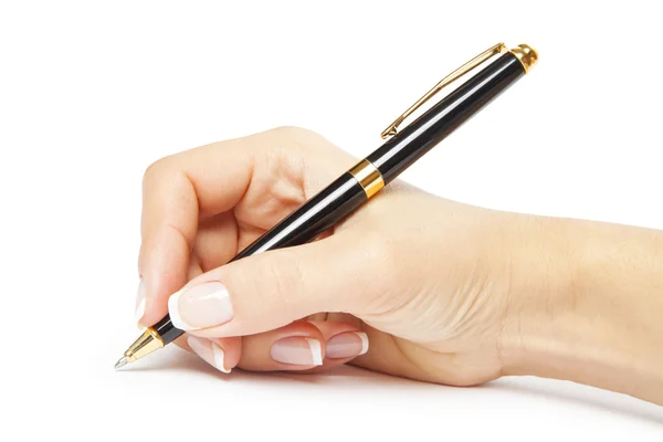Een potlood in een hand is geïsoleerd op een witte achtergrond — Stockfoto