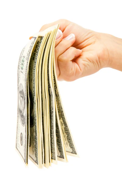 Muitos dólares caindo na mão da mulher com dinheiro — Fotografia de Stock