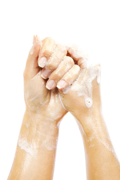 白い背景で隔離された女性の手を石鹸します。 — ストック写真