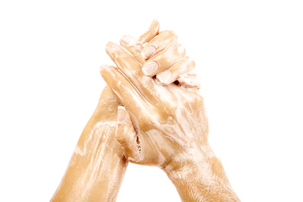 Zeep vrouwelijke handen geïsoleerd op witte achtergrond — Stockfoto