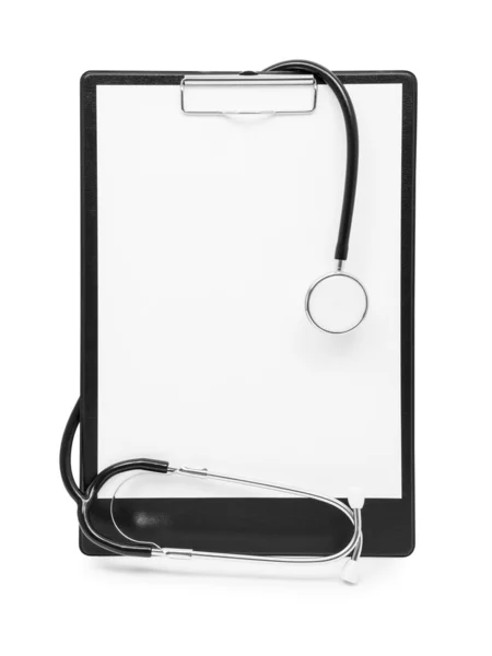 Blank clipboard with modern stethoscope, space for messages — Stock Photo, Image