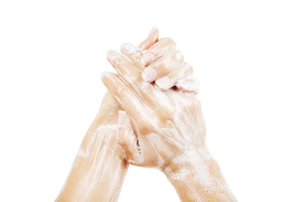 Jabón manos femeninas aisladas sobre fondo blanco — Foto de Stock