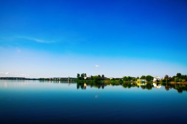 Resimli orman ve nehir.