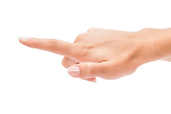 Pulse el botón de mano de la mujer sobre fondo blanco — Foto de Stock