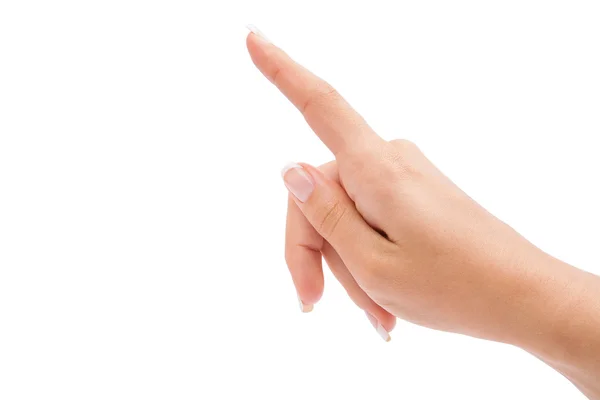 Botão de pressão da mão da mulher no fundo branco — Fotografia de Stock