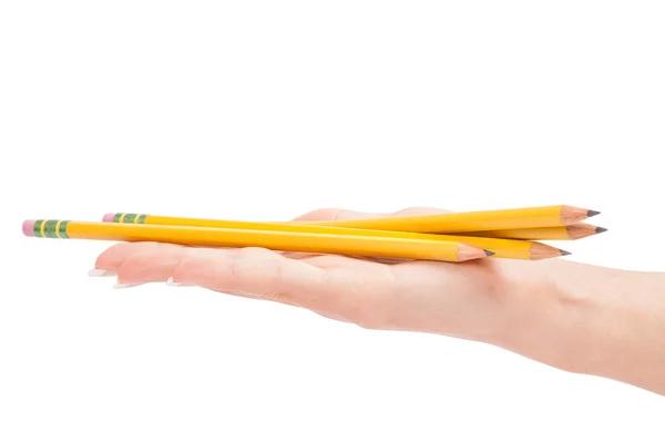 Crayons dans une main est isolé sur un fond blanc — Photo