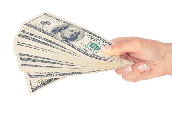 Many dollars in woman's hand — Stock Photo, Image