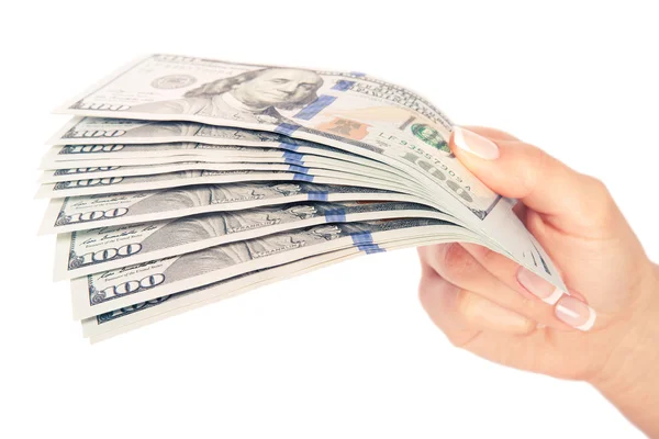 Many dollars in woman's hand — Stock Photo, Image