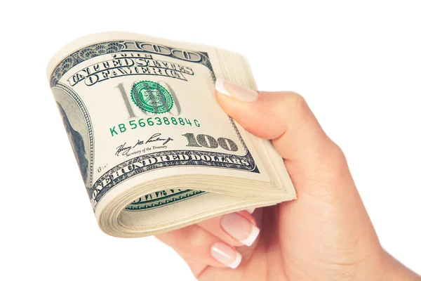 Many dollars in woman's hand — Stock Photo, Image